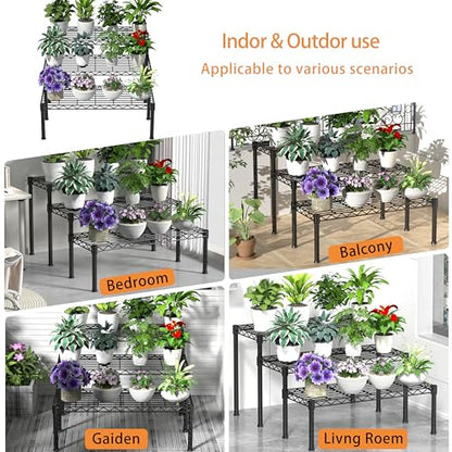 Xiofio 3 Tier Ladder Potted Multiple Plants for Indoor and Outdoor Plant Stands, Adjustable Shelves and Multifunctional Plant Racks suitable for living room balconies and gardens,(Black)