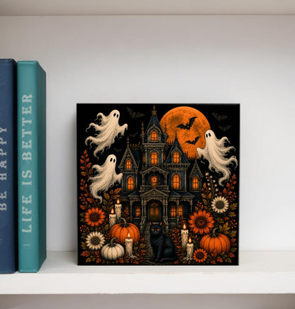 Halloween Gothic Castle Wooden Box Decorative Sign 5x5 Inch - color: L