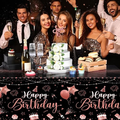 Tudomro 3 Pcs Plastic Happy Birthday Party Tablecloths,Black Rose Gold - color: Black Rose Gold