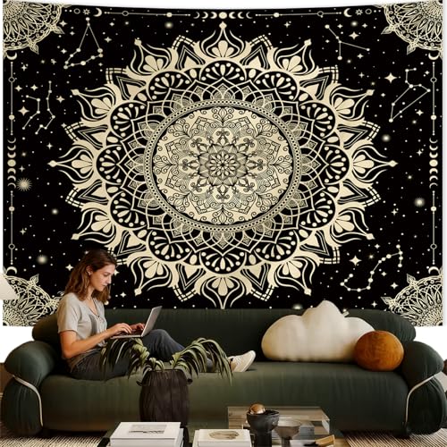 Apdidl Boho Mandala Tapestry for Bedroom, Black Hippie Ceiling Tapestries - color: Black Gold Mandala Tapestry, size: 79"L x 60"W