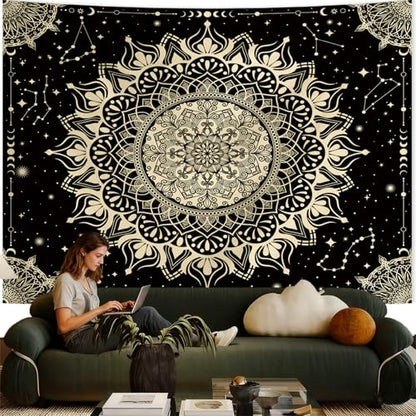 Apdidl Boho Mandala Tapestry for Bedroom, Black Hippie Ceiling Tapestries - color: Black Gold Mandala Tapestry, size: 79"L x 60"W