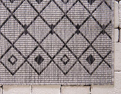 Unique Loom Outdoor Trellis Collection Area Rug - Tribal Trellis (2' x 6' 1" Runner, Gray/ Black) - color: Gray/Black, size: 2' x 6'1" (Runner)
