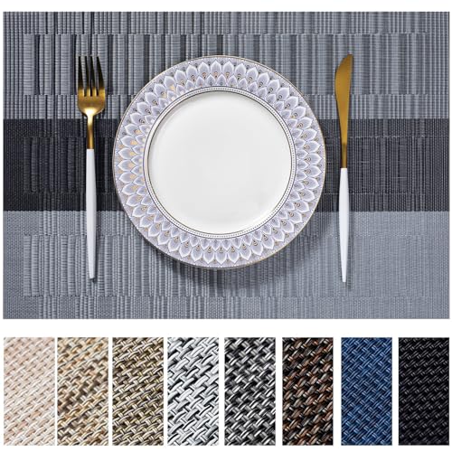 LEXMORE Placemats Set of 6 Vinyl/Plastic Woven Place Mats for Kitchen Table Indoor/Outdoor Washable Placemat Wipeable Dining Table Mats(Silver Gray Black) - color: E-silver Gray Black