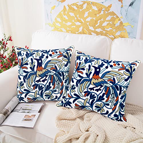 Alysheer Floral Embroidered Throw Pillow Cover 18"x 18" Set of 2, Blue Bird - color: Bird Blue, size: 18" x 18" (Pack of 2)