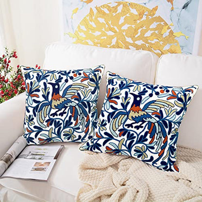 Alysheer Floral Embroidered Throw Pillow Cover 18"x 18" Set of 2, Blue Bird - color: Bird Blue, size: 18" x 18" (Pack of 2)