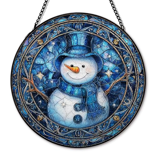 Blue Snowman Christmas Suncatcher Stained Glass Window Hanging, Winter Snowman Xmas Sun Catchers Indoor Window Glass Round Wall Decor, Christmas Wall Art Hanging Decorations, 7.8＂x7.8＂ - color: Christmas_3