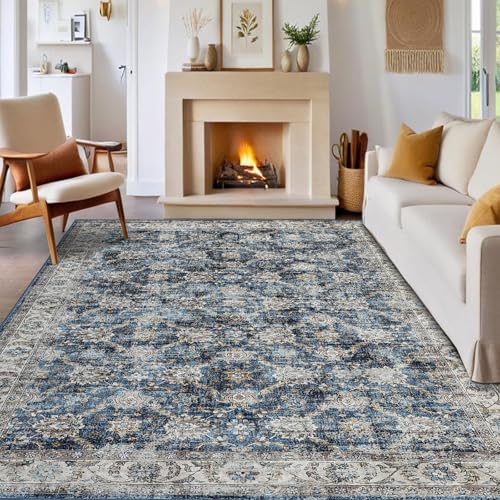 GarveeHome Vintage Rug 4x6 Floral Print Area Rug for Living Room Washable Non Slip Farmhouse Distressed Indoor Carpet Foldable Low Pile Soft Accent Throw Rug for Bedroom Home Nursery, Blue - color: Blue, size: 4' x 6' (Rectangular)
