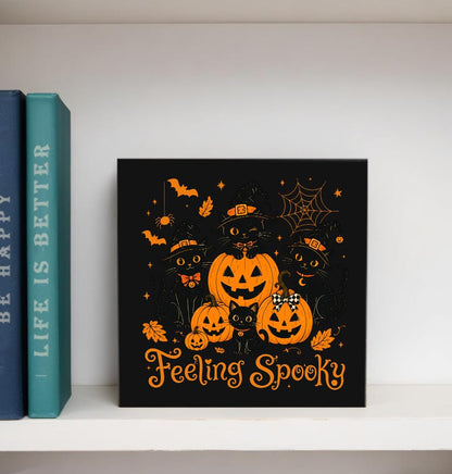 Halloween Pumpkin Black Cat Wooden Box Decorative Sign 5x5 Inch - color: F