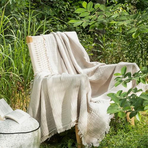 MooMee 100% Cotton Muslin Blanket, Fringed 4-Layer Gauze Bed Couch Throw - color: Cream Grey, size: Twin XL