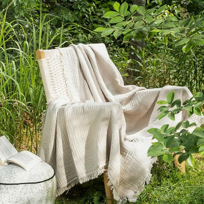 MooMee 100% Cotton Muslin Blanket, Fringed 4-Layer Gauze Bed Couch Throw - color: Cream Grey, size: Twin XL