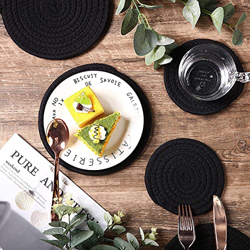 4 Pack Round Woven Placemats,13.8 inch Plate Chargers Black Thick Place Mats Cotton Rope Braided Tablemats Rattan Tablemats Black Weave Placemats for Dining Table - color: Black, size: Round Set of 4