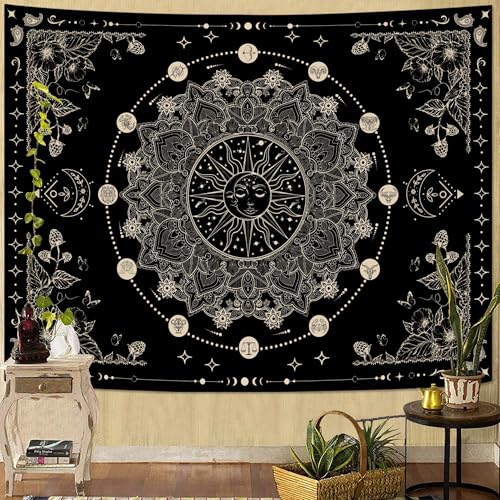 Lunerfex Sun and Moon Mandala Tapestry Boho Tapestry for Bedroom Black and White Tapestries Wall Hanging Living Room Wall Art and Home Decor 60x80 - color: Black and White, size: 80"L x 60"W