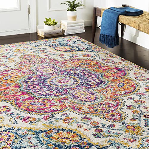 Hauteloom Upton Living Room, Bedroom Area Rug - Medallion Floral Border Distressed Abstract - Traditional Oriental Transitional Boho Turkish - Navy, Fuchsia, Gray, Cream, Ivory - 5'3" x 7'7" - color: Navy, Fuchsia, Gray / Simsbury, size: 5'3" x 7'7" (Rect