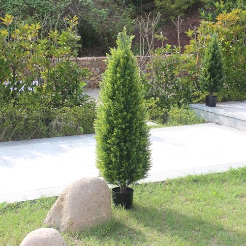 Two 4ft Artificial Topiary Tree Fake Bushes Potted Plants UV Resistant Faux Cedar Trees Artificial Outdoor Shrubs for Front Porch Garden