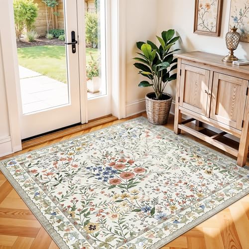 4x4 Square Entry Rug Foyer Entryway: Non-Slip Floral Washable Rugs for Indoor Floor Living Room Kitchen Bedroom - Soft Thin Doormat Carpet Boho Vintage Home Decor (4ft Square, Beige) - color: Beige, size: 4x4