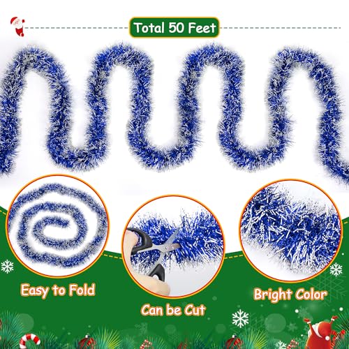 50FT Blue Christmas Tinsel Garland Christmas Tree Decoration - color: Blue White