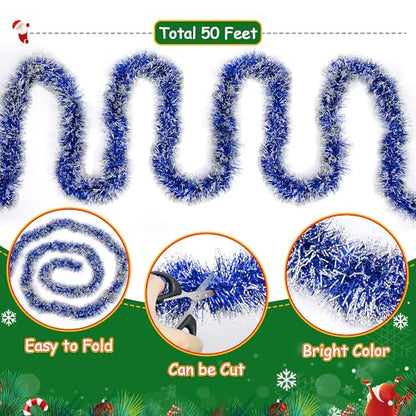 50FT Blue Christmas Tinsel Garland Christmas Tree Decoration - color: Blue White