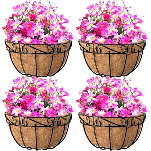 AMAGABELI Garden & Home 4 Pack 15 Inch Plant Hanging Baskets Metal Hanging Planter Flower Pots Outdoor Indoor Wire Hanging Basket for Plants with Coco Fiber Liners Chain for Garden Home Porch Decor
