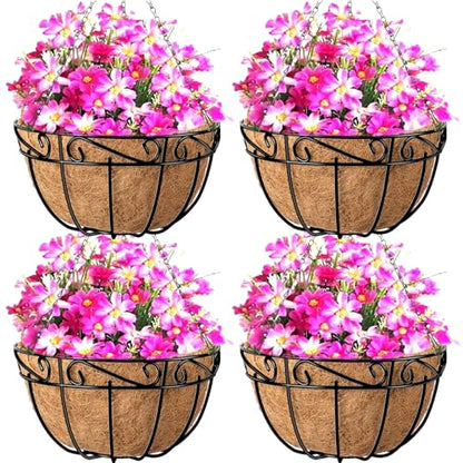 AMAGABELI Garden & Home 4 Pack 15 Inch Plant Hanging Baskets Metal Hanging Planter Flower Pots Outdoor Indoor Wire Hanging Basket for Plants with Coco Fiber Liners Chain for Garden Home Porch Decor