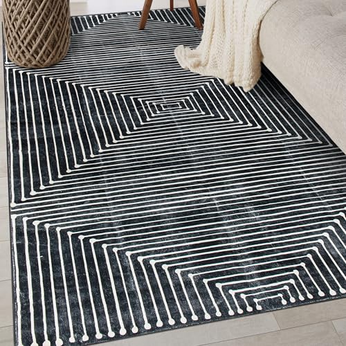Rugshop Bohemian Stripes Marbella Non-Slip Washable Area Rug Black 3' x 5' - color: Black, size: 3'3" x 5' (Rectangular)