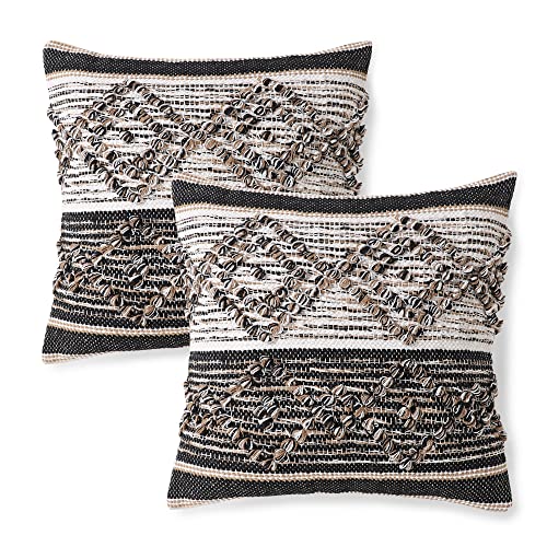 · REDEARTH · Boho Textured Handwoven Throw Pillow Cases - Black Jasper | 100% Cotton, 18x18"; Woven Tufted Decorative Farmhouse Cushion Covers; Set for Couch, Sofa, Bed, Chair, Dining, Covered Patio - color: Black Jasper, size: 18" x 18" (Pack of 2)