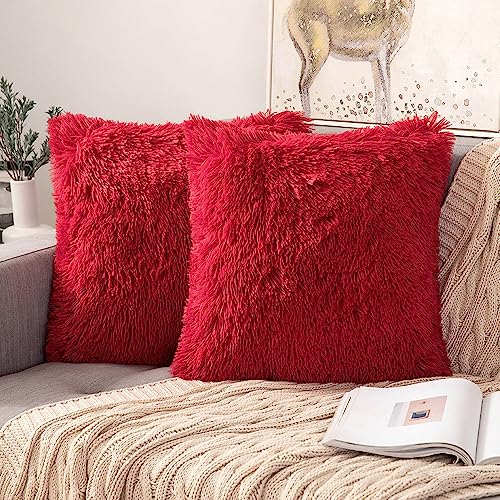 ANRODUO Christmas Plush Decorative Pillow Covers Red 18x18 Inch Pack of 2 - color: Christmas Red, size: 18" x 18" (Pack of 2)
