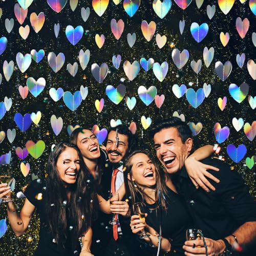 Iridescent Heart-52 FT Garland Party-Decorations Streamers Banner - Disco Kpop Birthday Holiday Girls Dancing Queen Princess Bachelorette Pajama Party Neon Love Door Decor -Double-Sided - color: Iridescent Silver