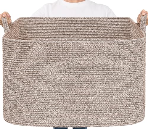 Goodpick 105L Extra Large Woven Rope Blanket Basket, Rectangle, Brown - color: Brown, size: XX-Large(25"L x 16"W x 16"H)