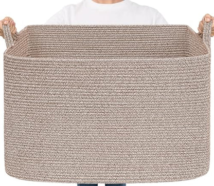 Goodpick 105L Extra Large Woven Rope Blanket Basket, Rectangle, Brown - color: Brown, size: XX-Large(25"L x 16"W x 16"H)