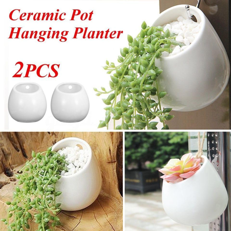 HOMSFOU 2-Pack Hanging Ceramic Planters Whiteware Pots for Indoor Succulent Plants Wall Mounted Flower Pot Containers Small Round Hanging Planter