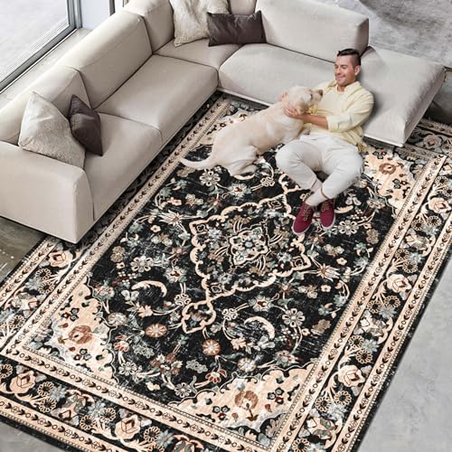 Vhong Washable Area Rugs Boho Vintage Modern Neutral Large Carpet Black and Brown 5×7 High Traffic Rugs for Dinning Room Living Room Bedroom Farmhouse Non Slip - color: Black/Brown, size: 5' x 7' (Rectangular)
