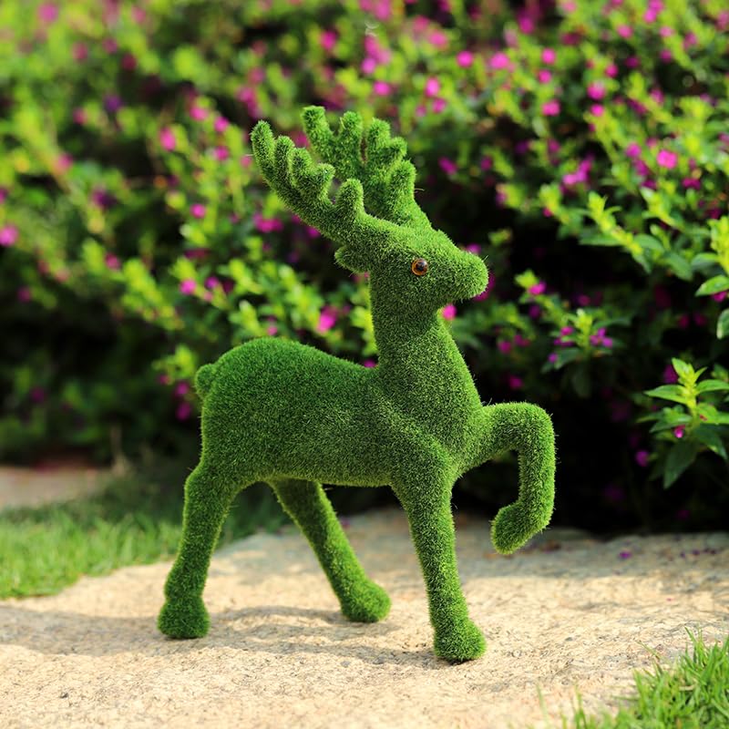 Decorative Moss Reindeer Figurines, Set of 4 - Green Flocked Deer Statues for Woodland Christmas Table Centerpiece, Indoor Mantel Shelf and Garden Decor