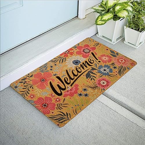 IZUS Floral Welcome-Door-Mats Outside-Entrance Synthetic-Coir Non-Slip Frontdoor-Mats 17x29 Inches for Outdoor/Indoor Front-Entrance/Garden/Porch Decor 17x29inches - color: Welcome-red/Blue Flower