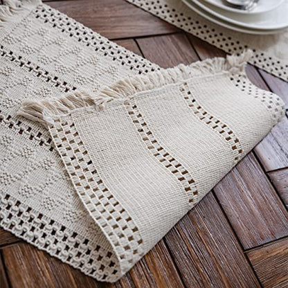 Macrame Table Runner Cream Beige Boho Table Runners with Tassels 12x71in - size: 12"Wx71"L