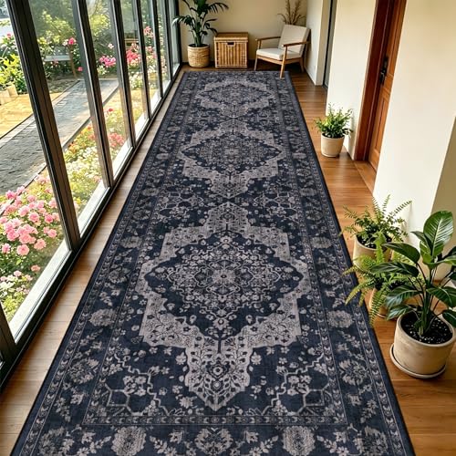 nesrt 3×12ft Washable Runner Rug for Hallway, Extra Long Soft Kitchen Floor with Non-Slip Rubber Backing, Vintage Distressed Oriental Indoor Decor Rug for Entryway, Bedroom, Living Room (Blue) - color: Blue, size: 3' x 12' (Rectangular)