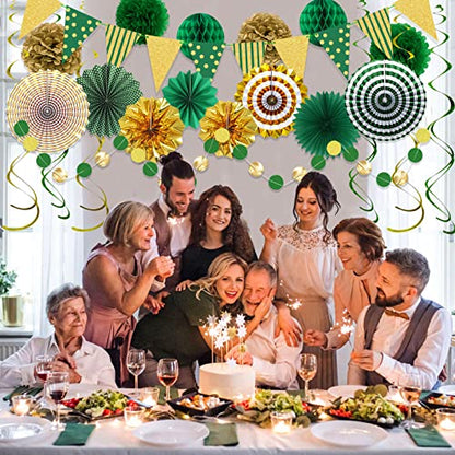 24 Pcs Green Gold Party Decorations, Paper Fans Banner and Swirls - color: Green
