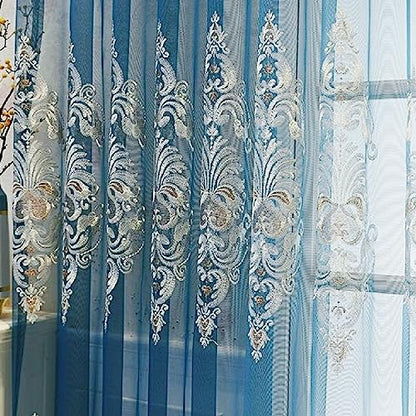 Amidoudou 1 Pair European Jacquard Sheer Curtains Embroidered Tulle Curtains Living Room Bedroom Luxury Translucent Curtains (Blue,51x84 Inch) - color: Blue, size: 51"W x 84"L (Pack of 2)