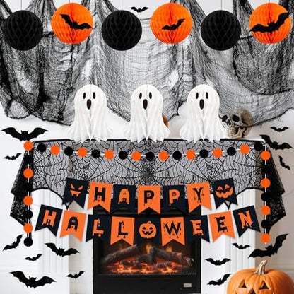 Halloween Party Decorations, 29Pcs Halloween Indoor Decorations Kit with Mantel Scarf Creepy Cloth Fabric Hanging Ghost Happy Halloweens Banner 3D Bat Stickers for Home Fireplace Wall Decor