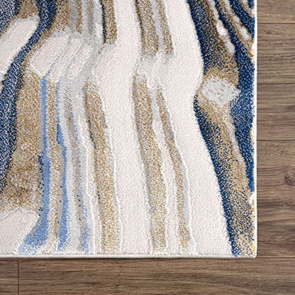 Abani 4’ x 6’ Modern Topography Design Blue Washable, Grey & Gold Area Rug Rugs Modern Pattern Dining Room Rug