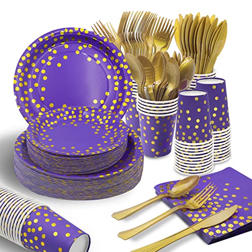 AIRE Purple Gold Paper Plates Set, 350PCS Disposable Dinnerware for 50 - color: 350pcs Purple and Gold