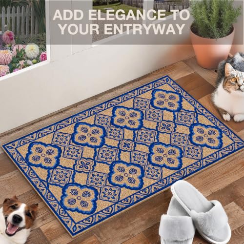 Blue Boho Tile Floral Faux Coco Coir Doormat Door Mat 17x30 Inch - color: Chinoiserie