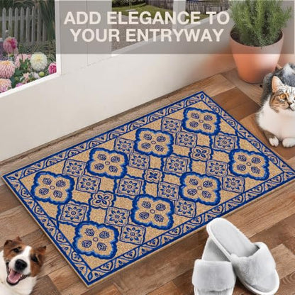 Blue Boho Tile Floral Faux Coco Coir Doormat Door Mat 17x30 Inch - color: Chinoiserie