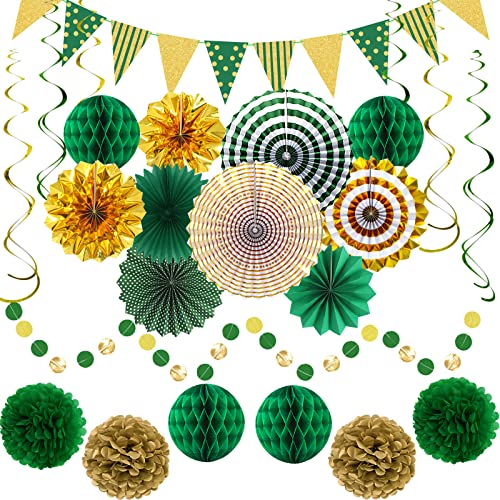 24 Pcs Green Gold Party Decorations, Paper Fans Banner and Swirls - color: Green