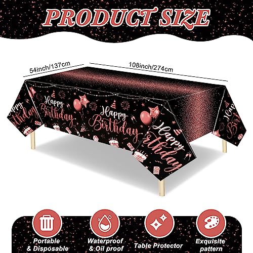 Tudomro 3 Pcs Plastic Happy Birthday Party Tablecloths,Black Rose Gold - color: Black Rose Gold