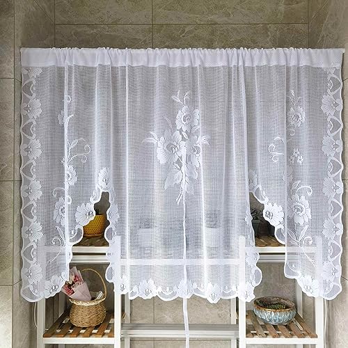 1 Panel White Floral Embroidery Tie-Up Sheer Lace Curtain Valance - color: White, size: 70"W x 39"L (Pack of 1)