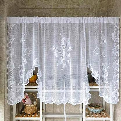 1 Panel White Floral Embroidery Tie-Up Sheer Lace Curtain Valance - color: White, size: 70"W x 39"L (Pack of 1)