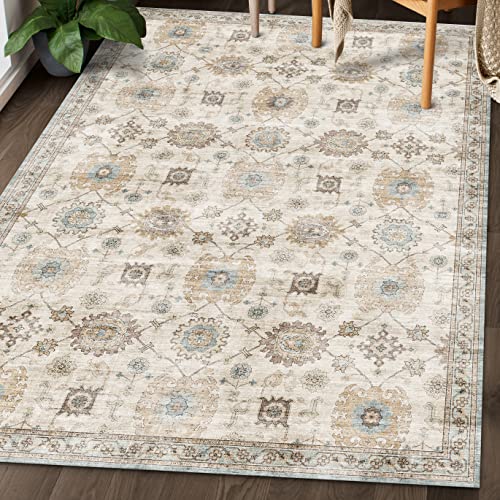 ReaLife Rugs Machine Washable Area Rug Runner - Living Room Bedroom Bathroom Kitchen Entryway Office - Padded Low Pile Stain Resistant Premium - Boho Farmhouse Vintage - Bryn - Beige Seafoam 3' x 5' - color: Bryn - Beige Seafoam, size: 3' x 5' (Rectangula