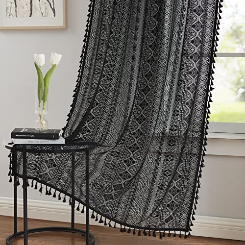 Black Boho Sheer Lace Window Curtains with Tassel, 40" Wx54 Lx2 - color: Black, size: 40"W x 54"L (Pack of 2)