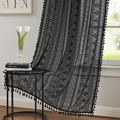 Black Boho Sheer Lace Window Curtains with Tassel, 40" Wx63 Lx2 - color: Black, size: 40"W x 63"L (Pack of 2)