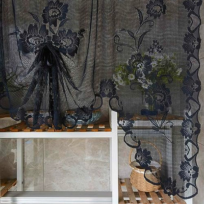 2pcs Black Floral Embroidery Tie-up Sheer Lace Curtain Valance - color: Black, size: 59"W x 39"L (Pack of 2)